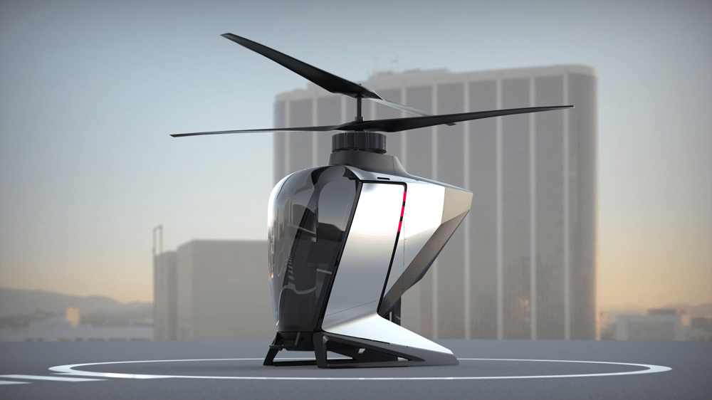 Modell des Personal Air Vehicle von FlyNow Aviation, ähnlich einem Mini-Helikopter mit zwei Rotorblättern.